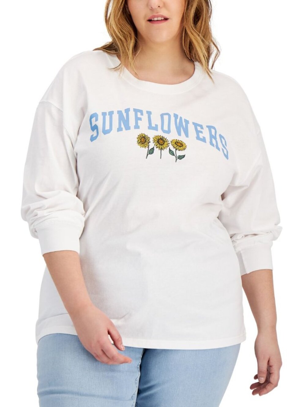 Mad Engine Womens Trendy Plus Size Sunflowers Long-Sleeve T-Shirt